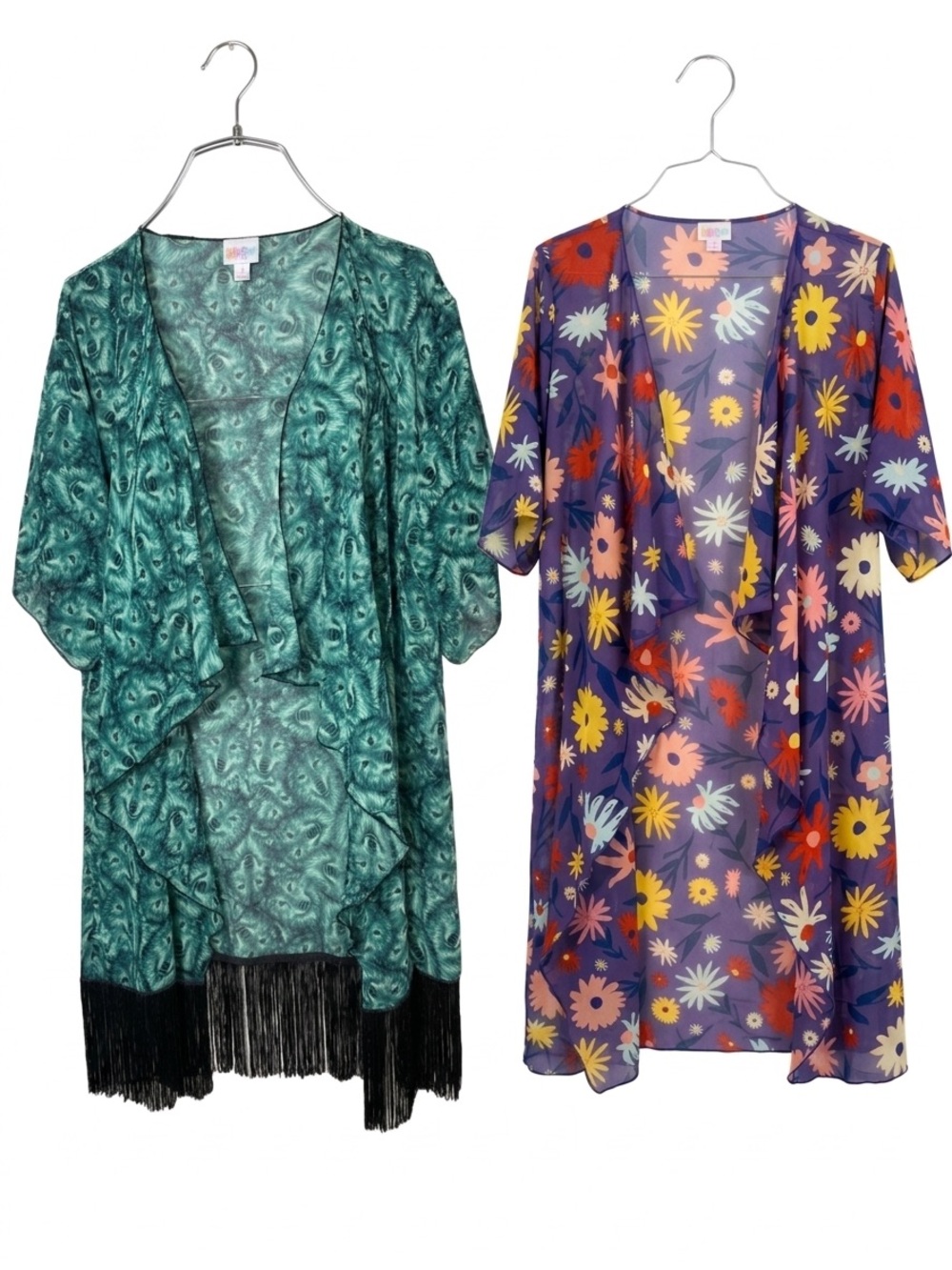 LuLaRoe aqua wolf print Fringe & Purple Floral Sheer kimonos (2)